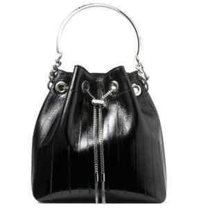 Patent Black Silver Leather Jimmy Choo Authentic EEL Medium Bon Bon Bucket Bag
